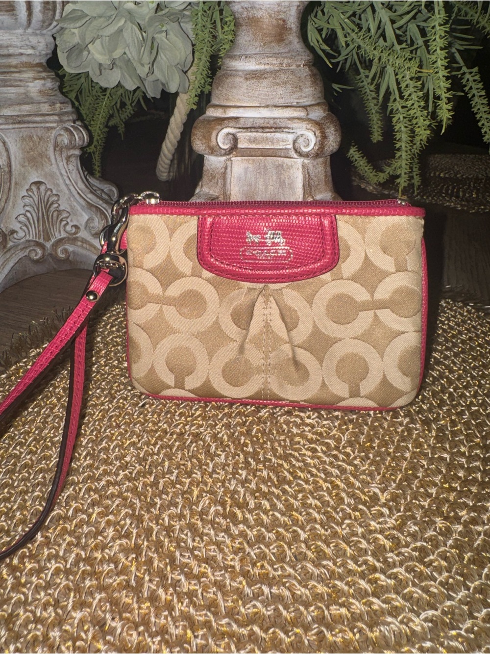 Coach Signature Canvas Wristlet in Khaki and Pink EXCELLENT Preloved Condition 💖